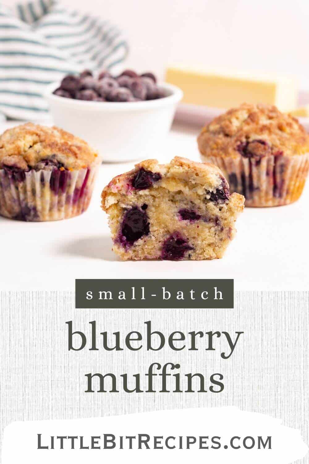 Small-batch blueberry muffins with text.