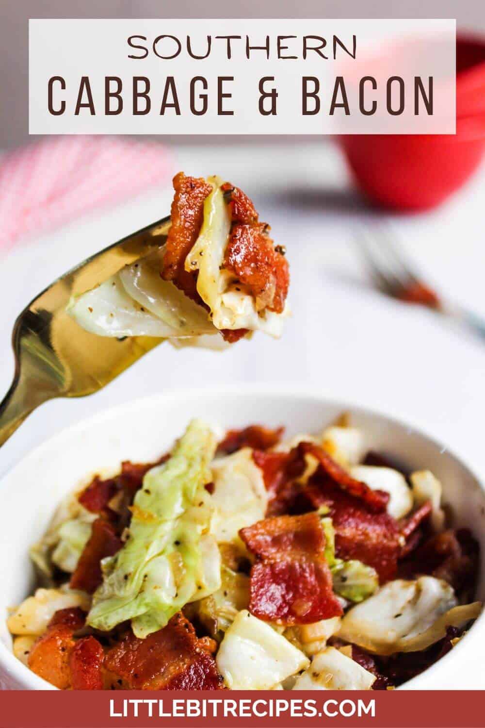 Southern fried cabbage on fork with text.