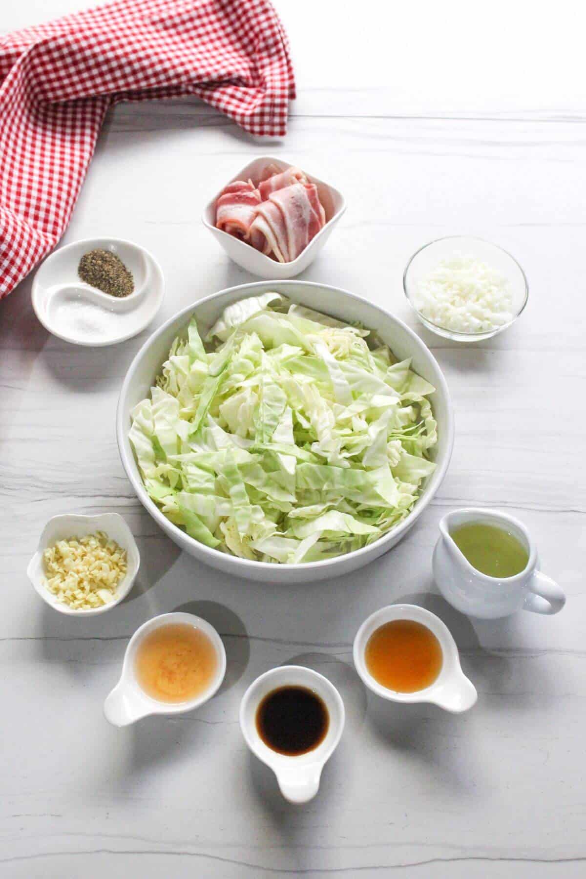 Ingredients for Southern fried cabbage recipe.