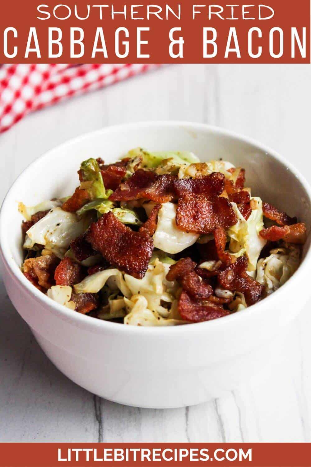 Cabbage and bacon in bowl with text.