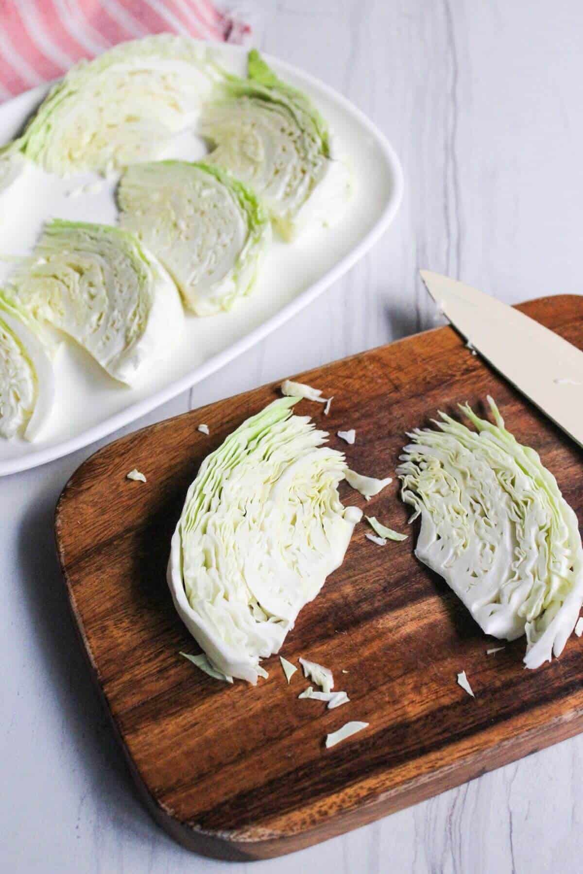 Cabbage sliced into wedges.