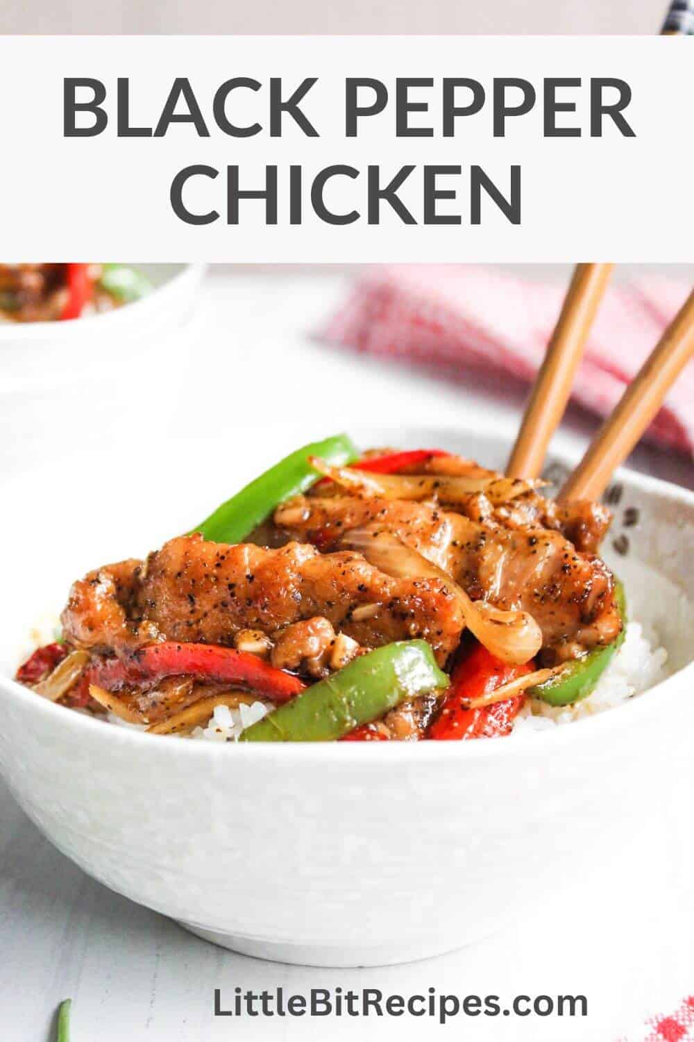Black pepper chicken with text.
