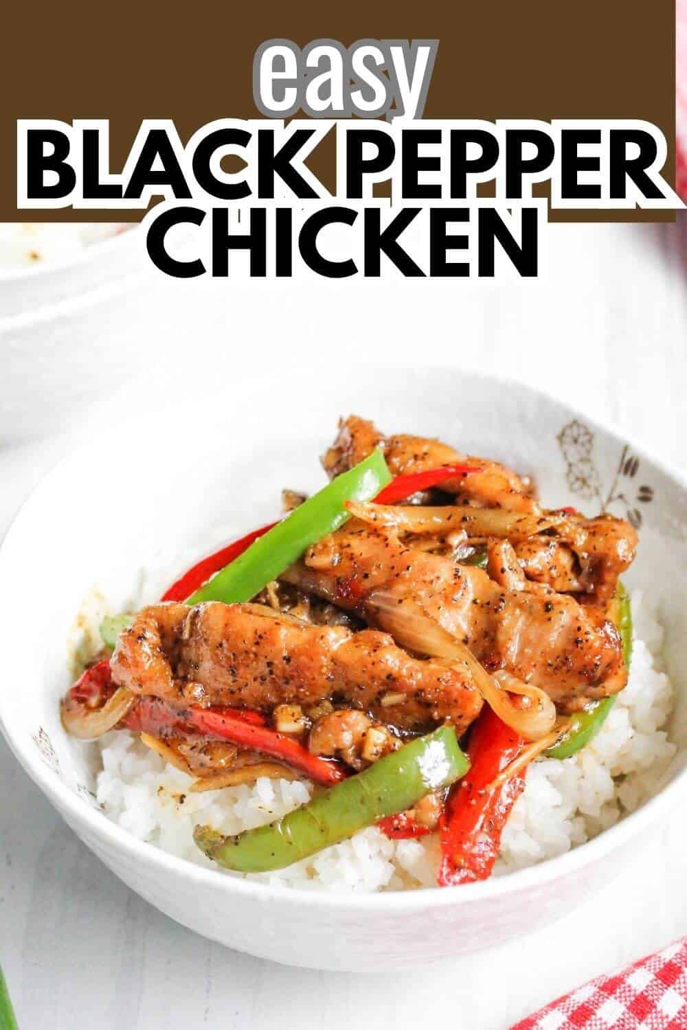 Bowl of black pepper chicken on rice with text.
