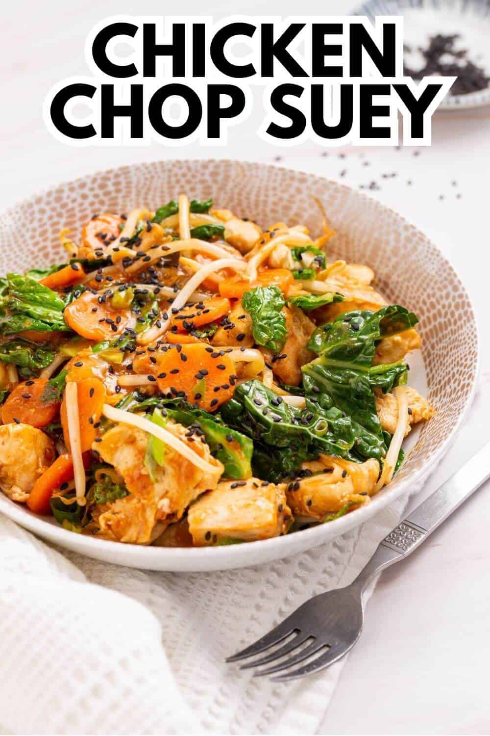 Chicken chop suey with text overlay.