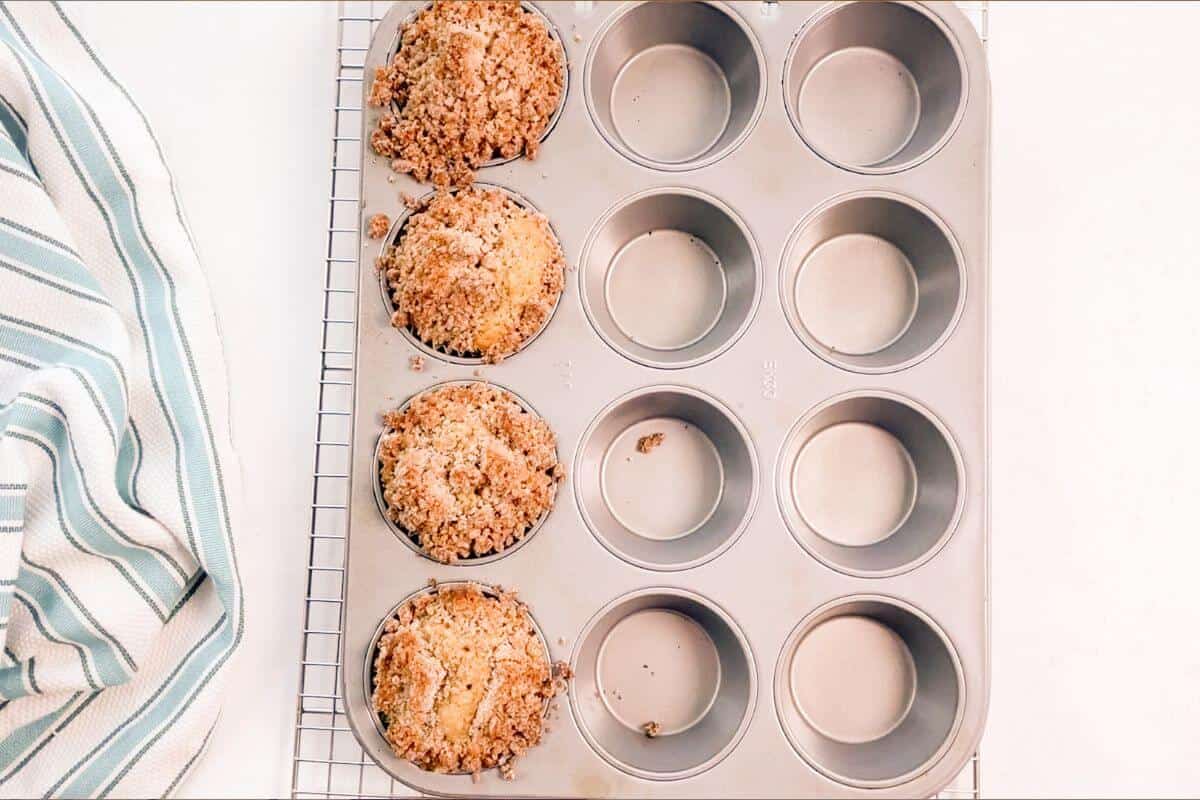 Coffee cake muffins baked in a muffin pan.