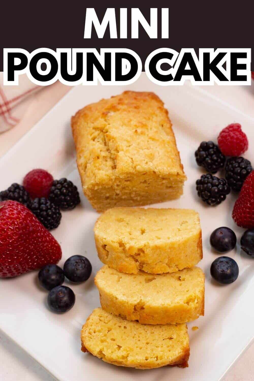 Mini pound cake with recipe title text.