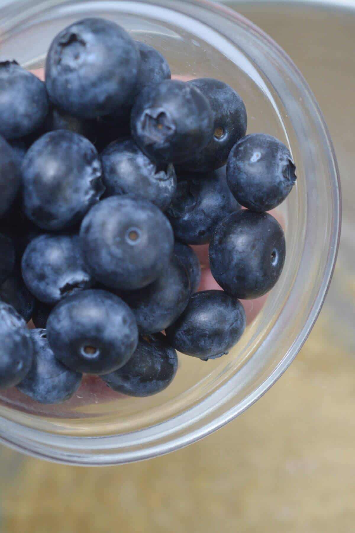 Adding fresh blueberries to mixing bowl.