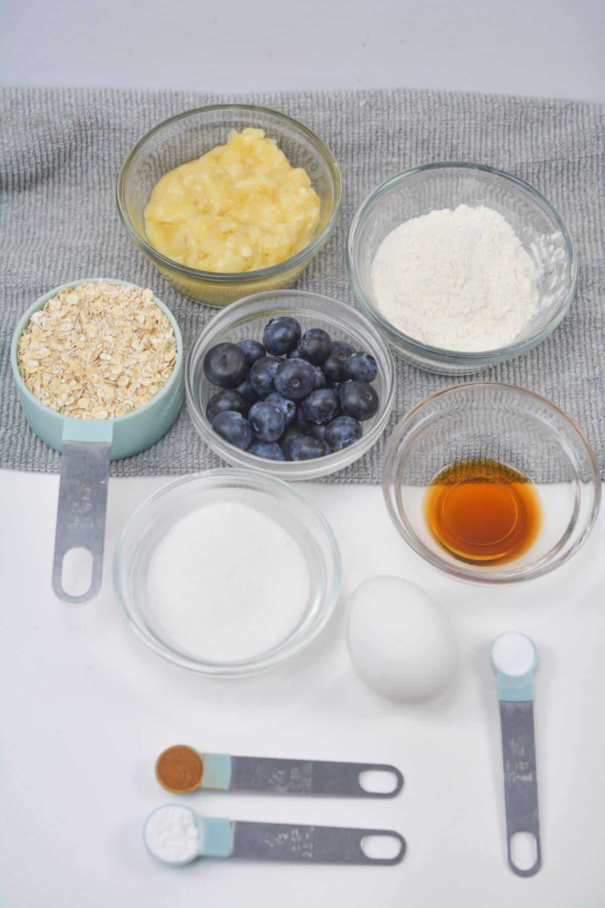 Ingredients for oat banana blueberry muffins.