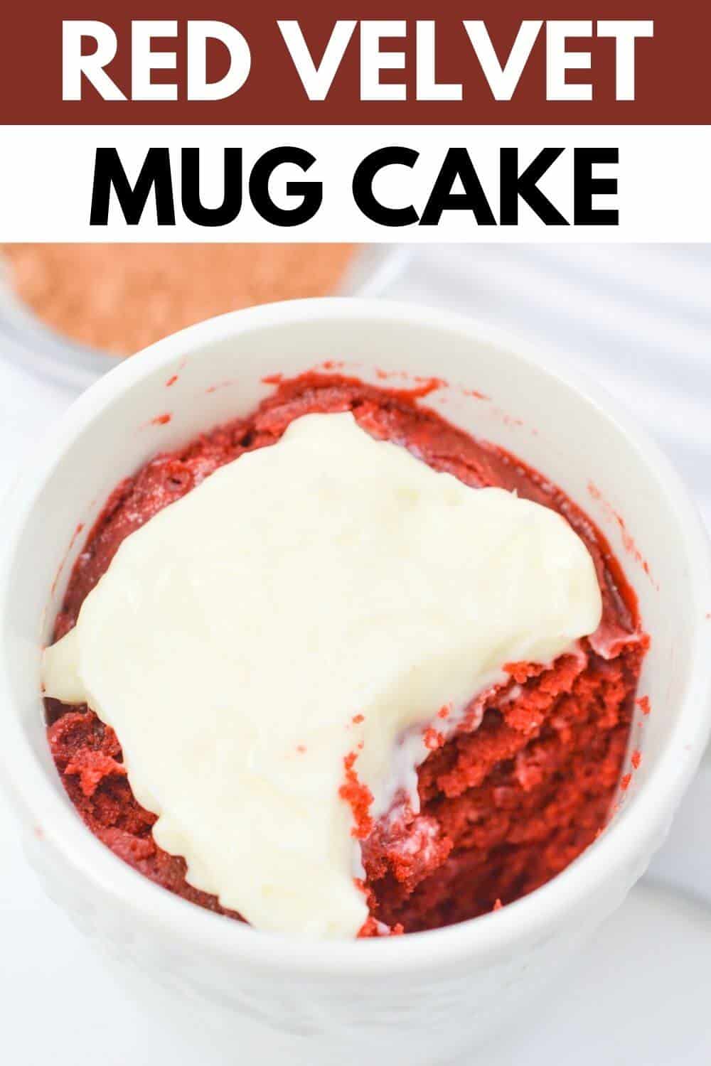 Red velvet mug cake with recipe title text overlay.