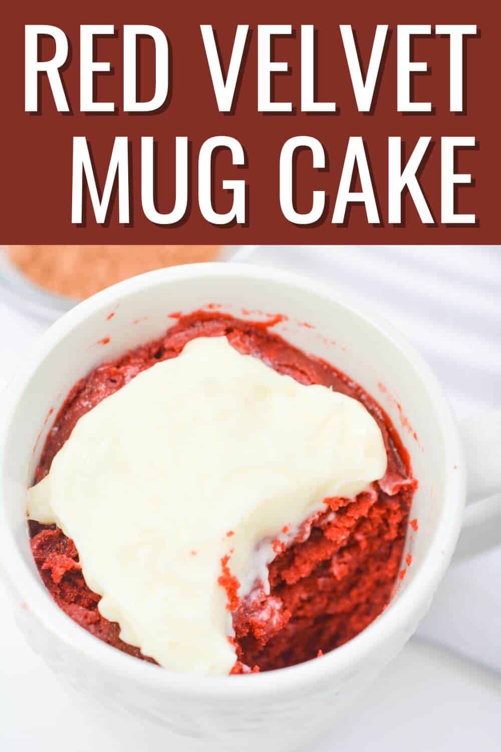 Red velvet mug cake with recipe title text overlay.