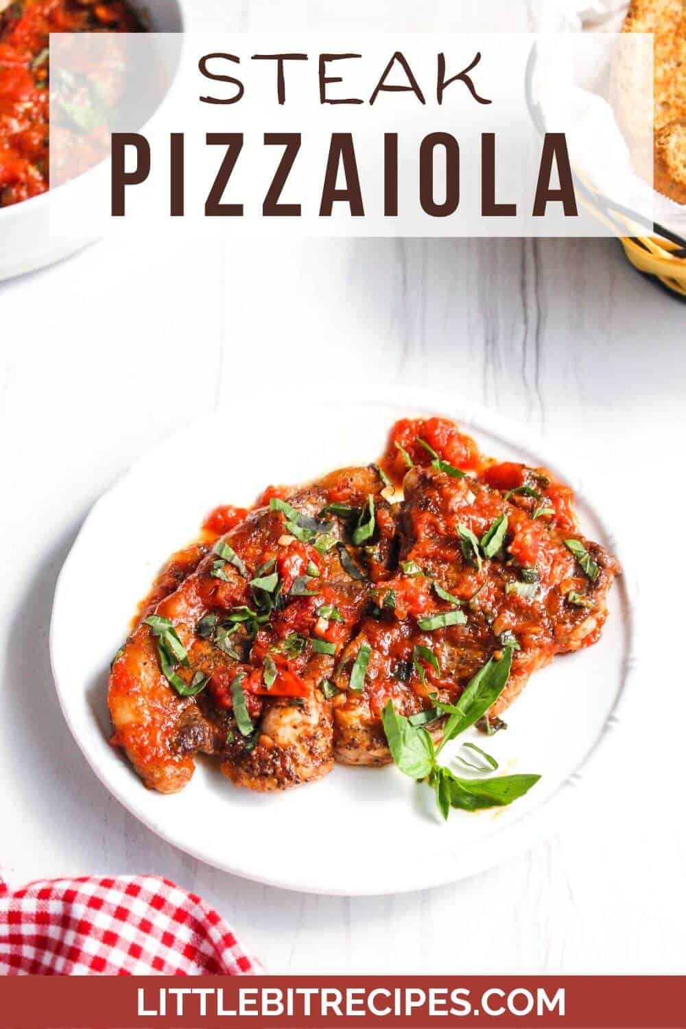 Steak pizzaiola on white plate with text.