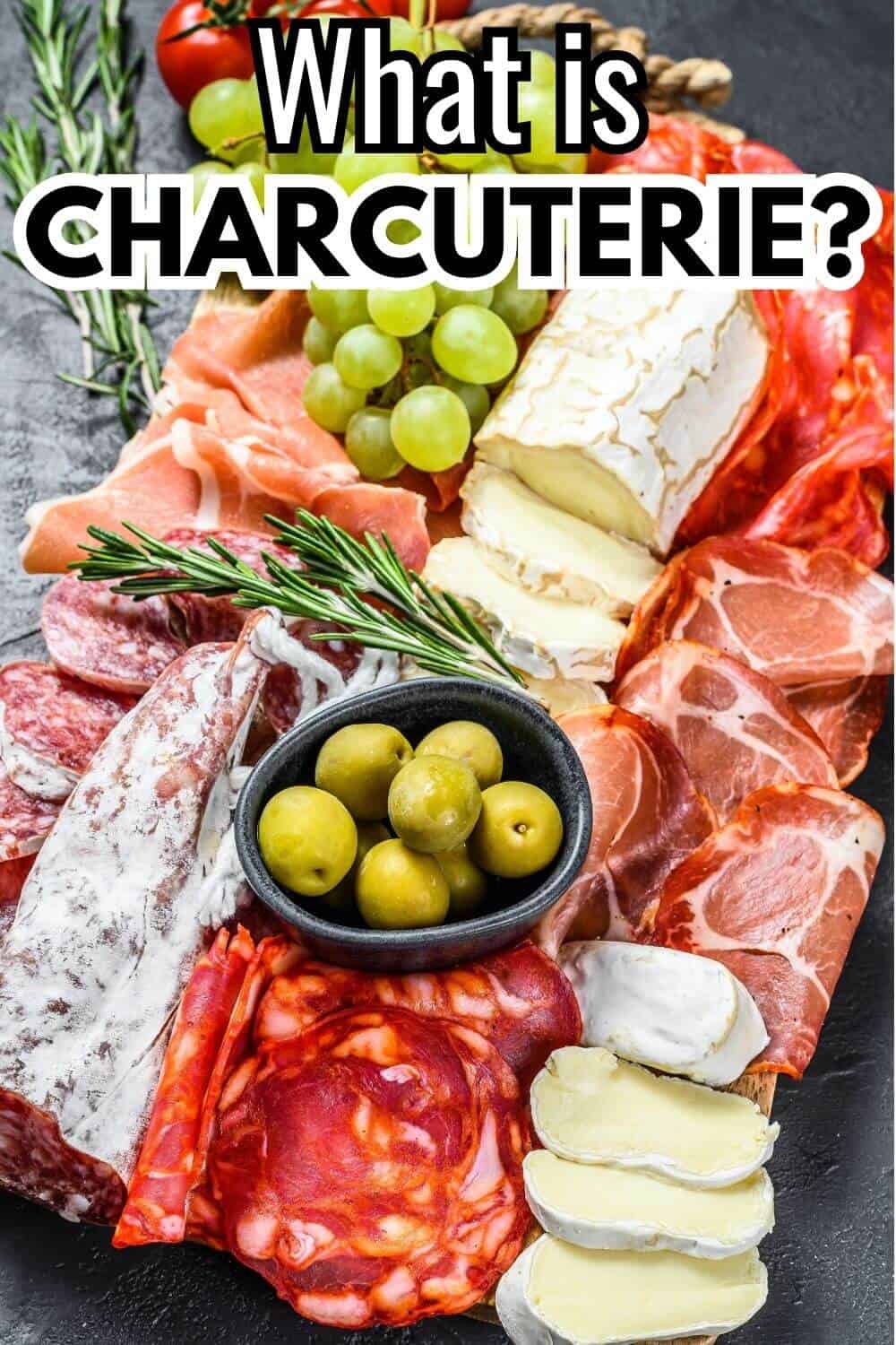 Charcuterie board with text reading what is charcuterie.