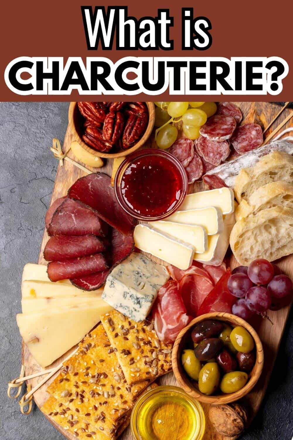 Charcuterie board with text reading what is charcuterie.