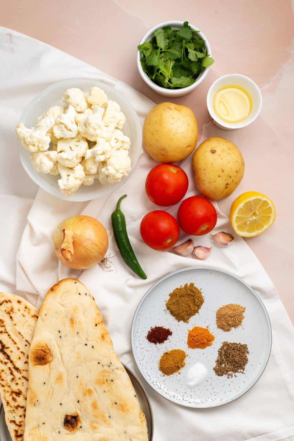 Ingredients for aloo gobi masala recipe.