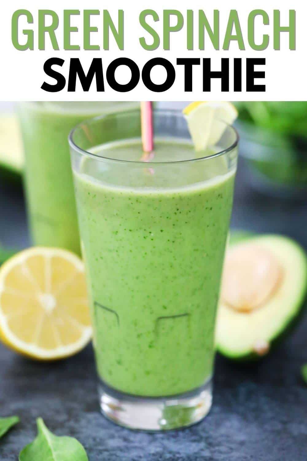 Green avocado spinach smoothies with title text overlay.