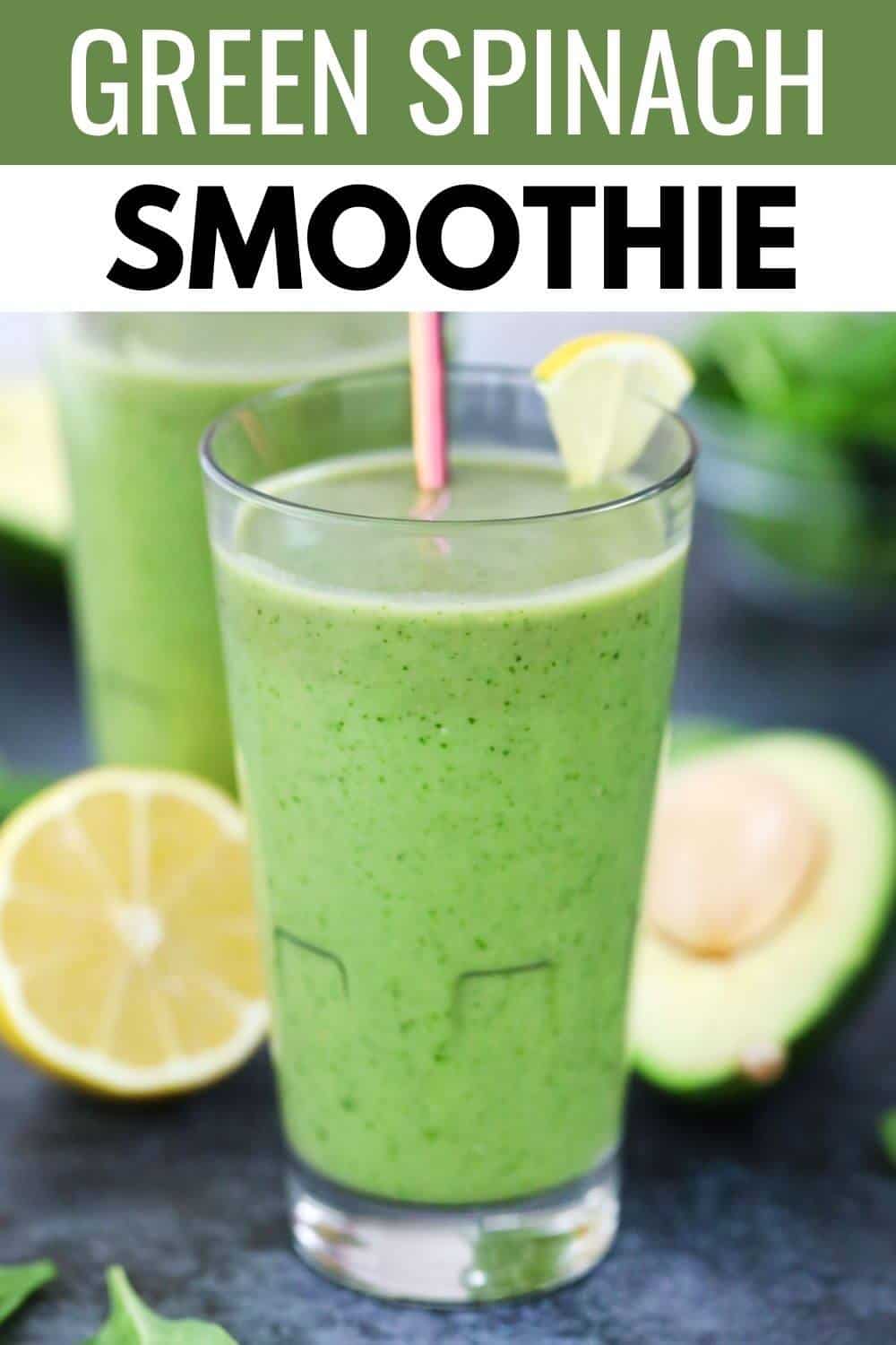 Green avocado spinach smoothies with title text overlay.