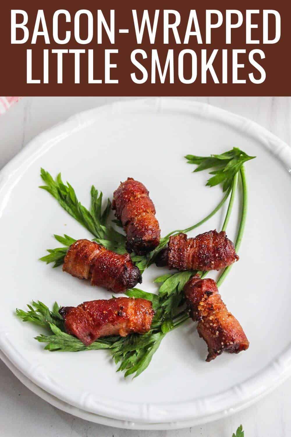 Bacon wrapped little smokies with recipe title text overlay.