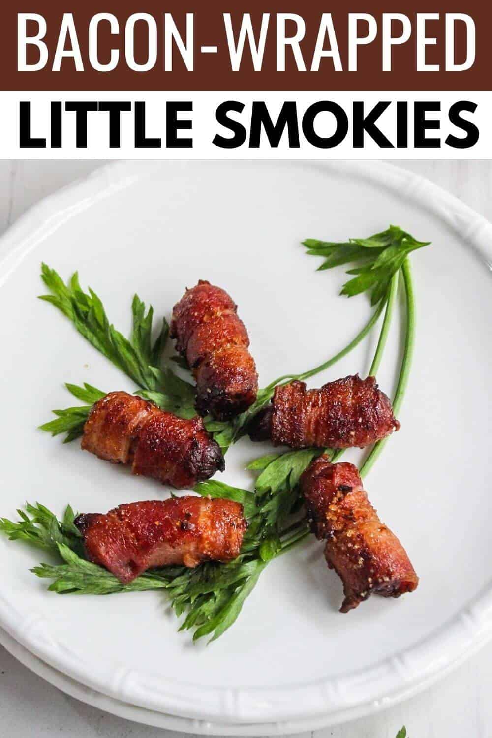 Bacon wrapped little smokies with recipe title text overlay.