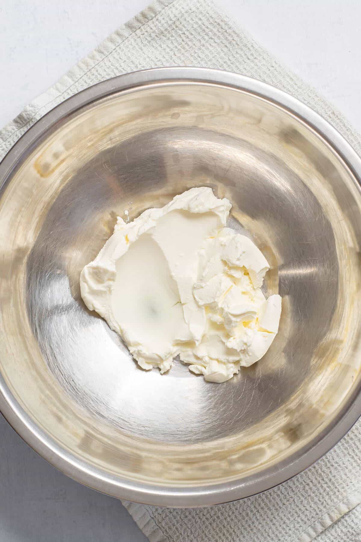 Softened cream cheese in mixing bowl.