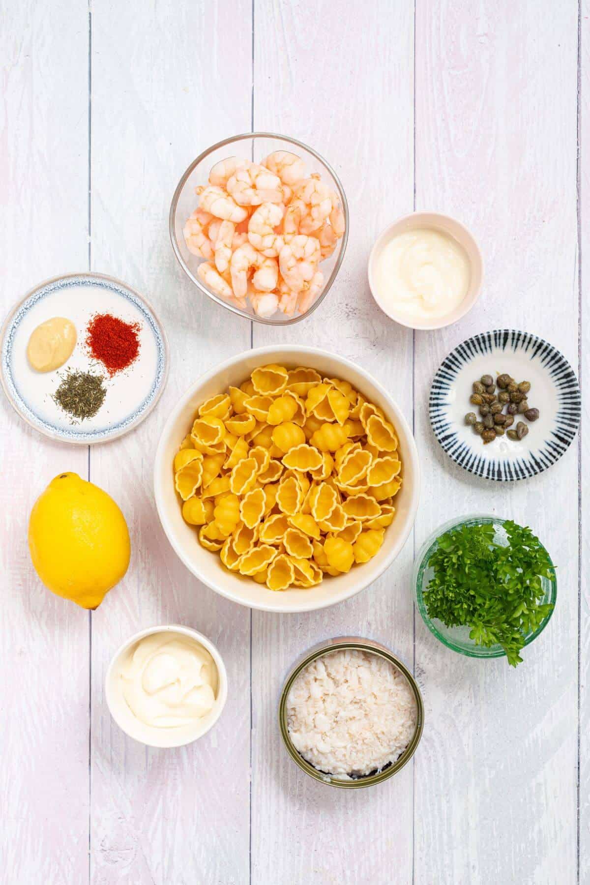Seafood pasta salad recipe ingredients.