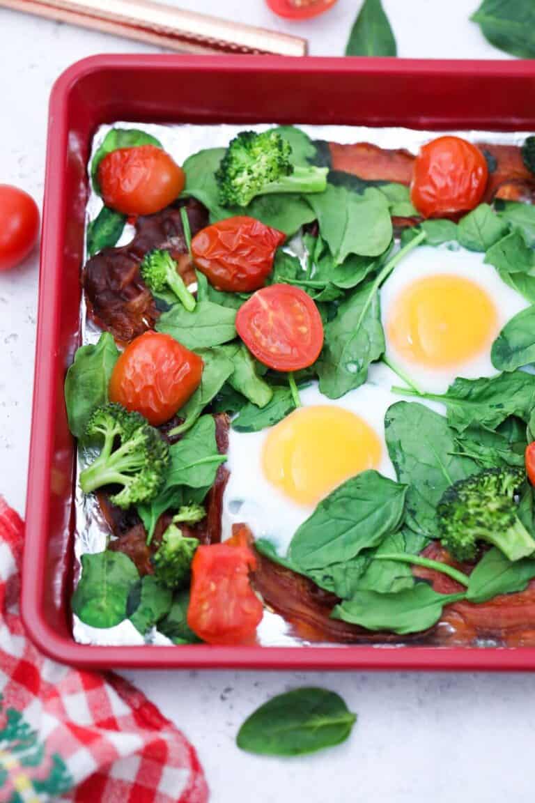 Sheet Pan Eggs with Bacon and Vegetables Little Bit Recipes