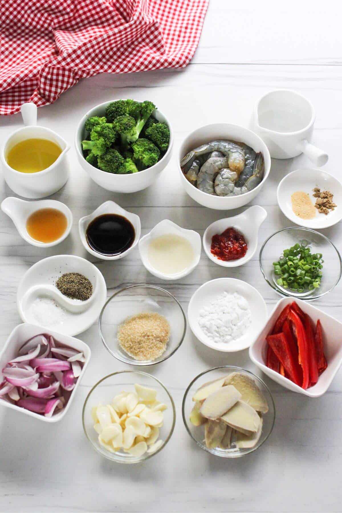 Ingredients for shrimp broccoli stir fry recipe.