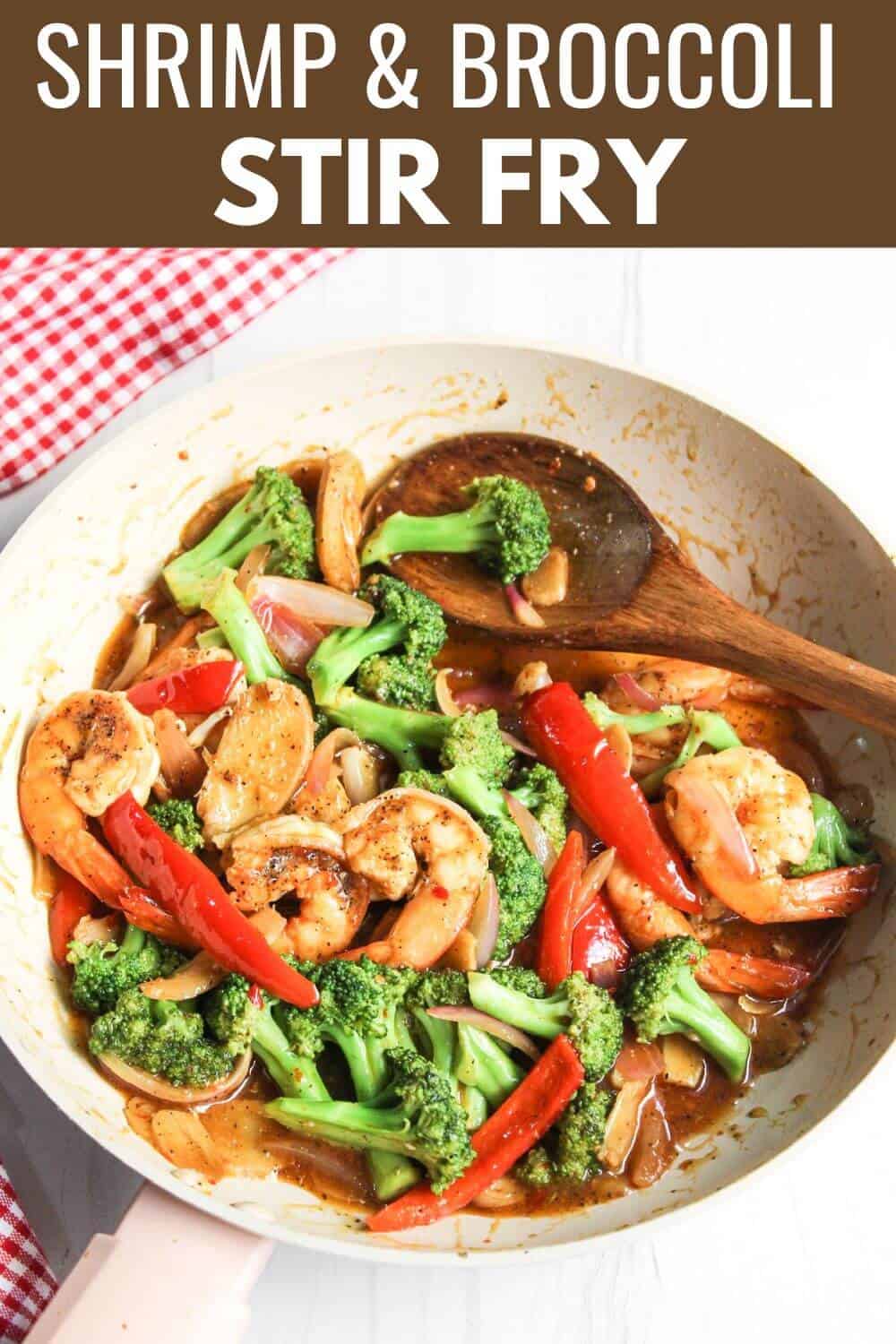 Shrimp and broccoli stir fry with recipe title text overlay.