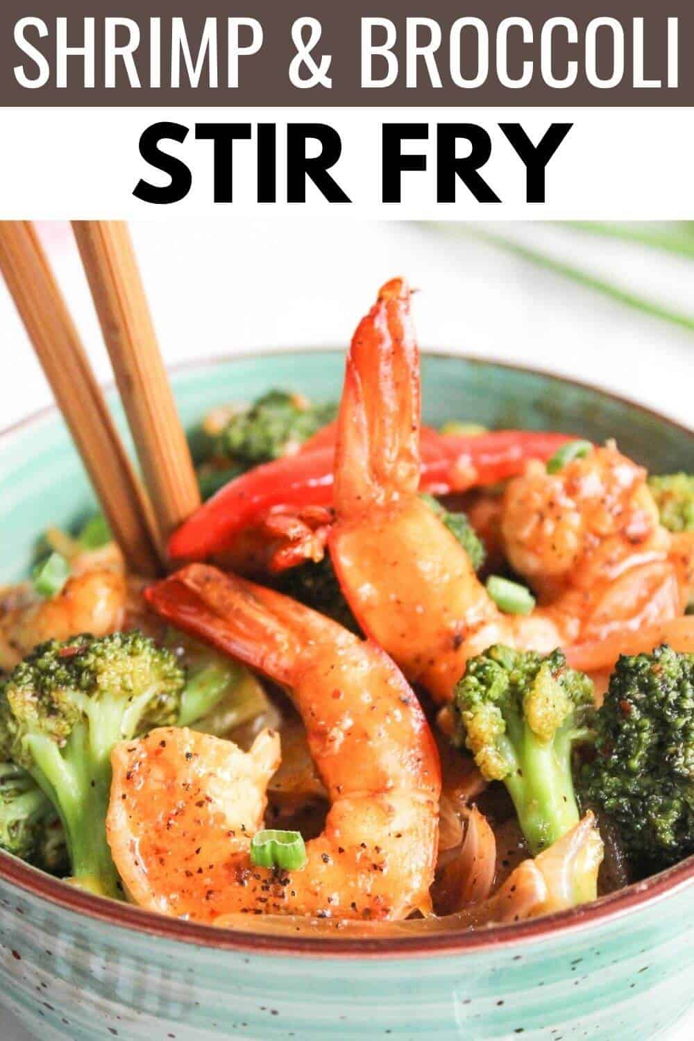 Shrimp and broccoli stir fry with recipe title text overlay.