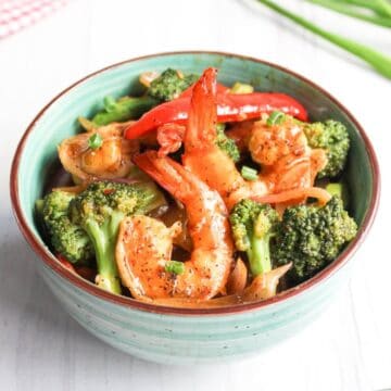 Bowl of shrimp and broccoli stir fry.
