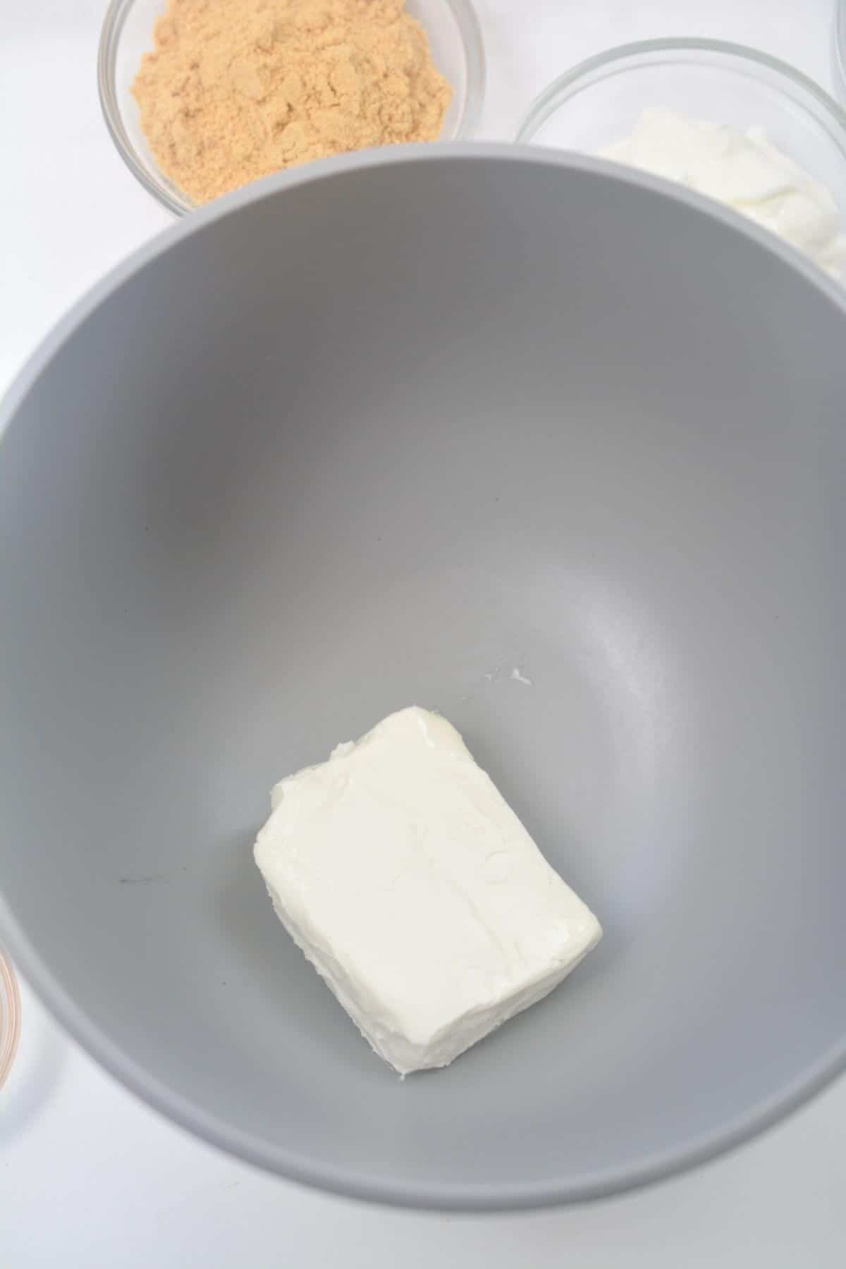 Vegan cream cheese in mixing bowl.