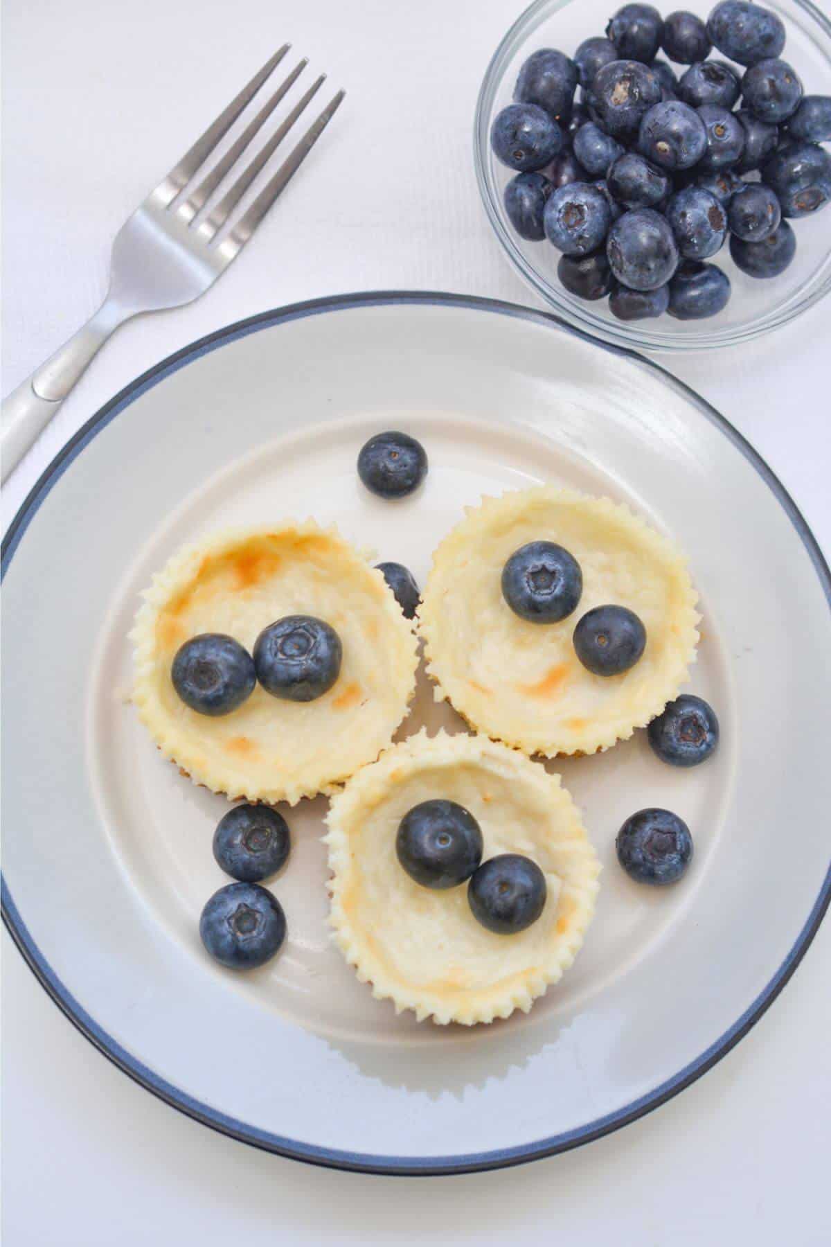 Overhead view of mini vegan cheesecakes on plate with fork and blueberries.