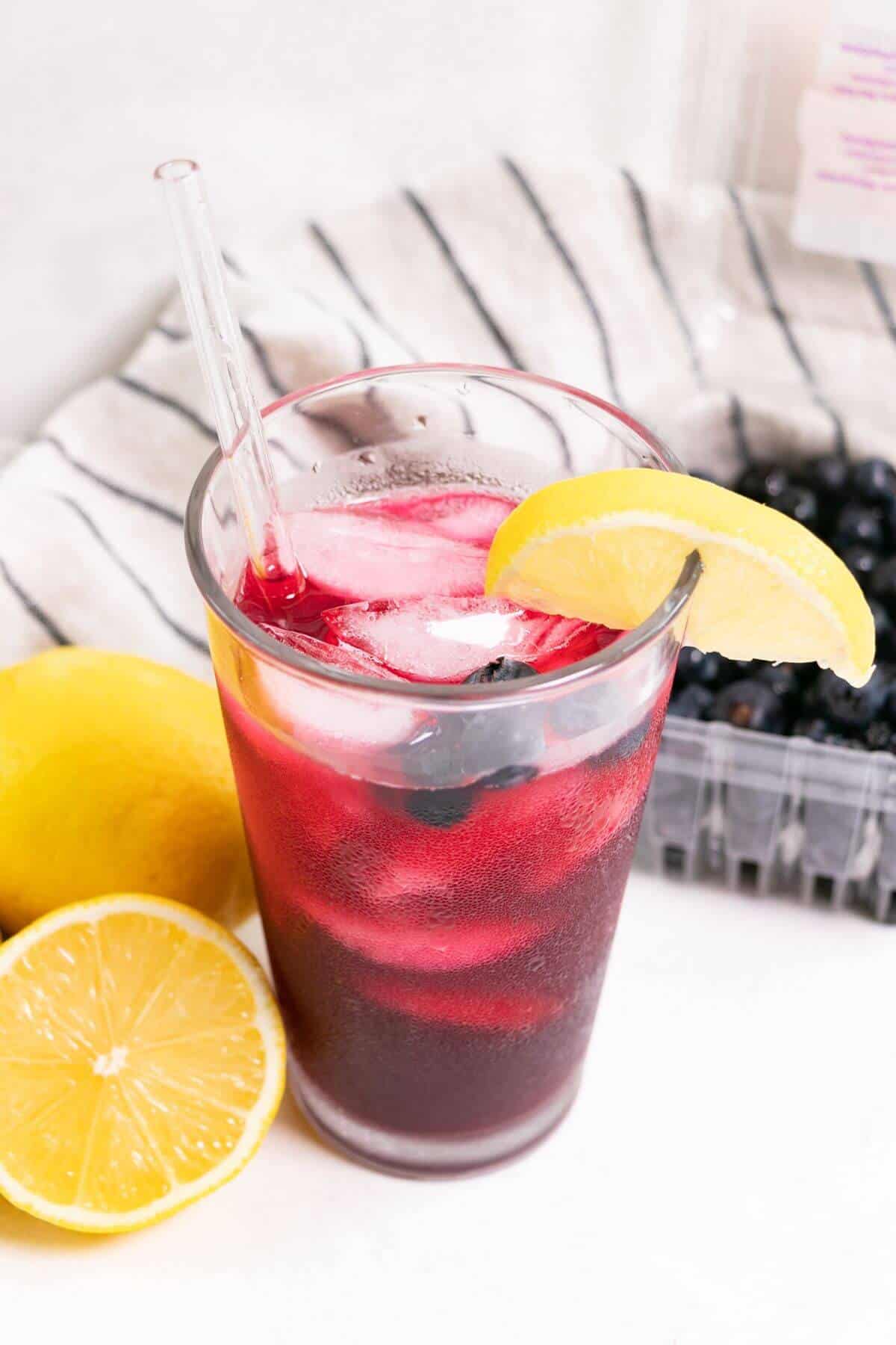 Top angle shot of blueberry vodka lemonade.