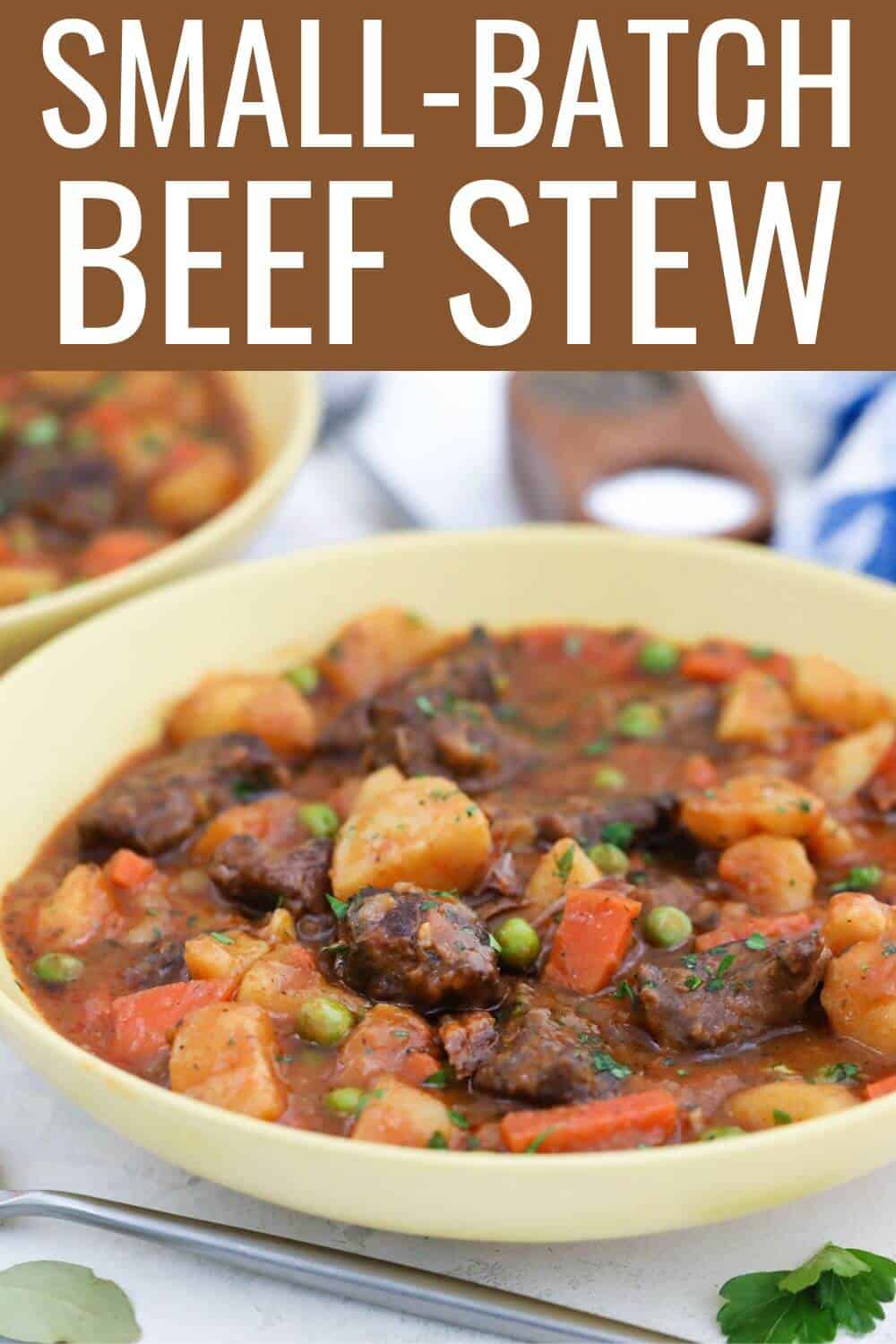 Small-batch beef stew final shot with recipe title text overlay.