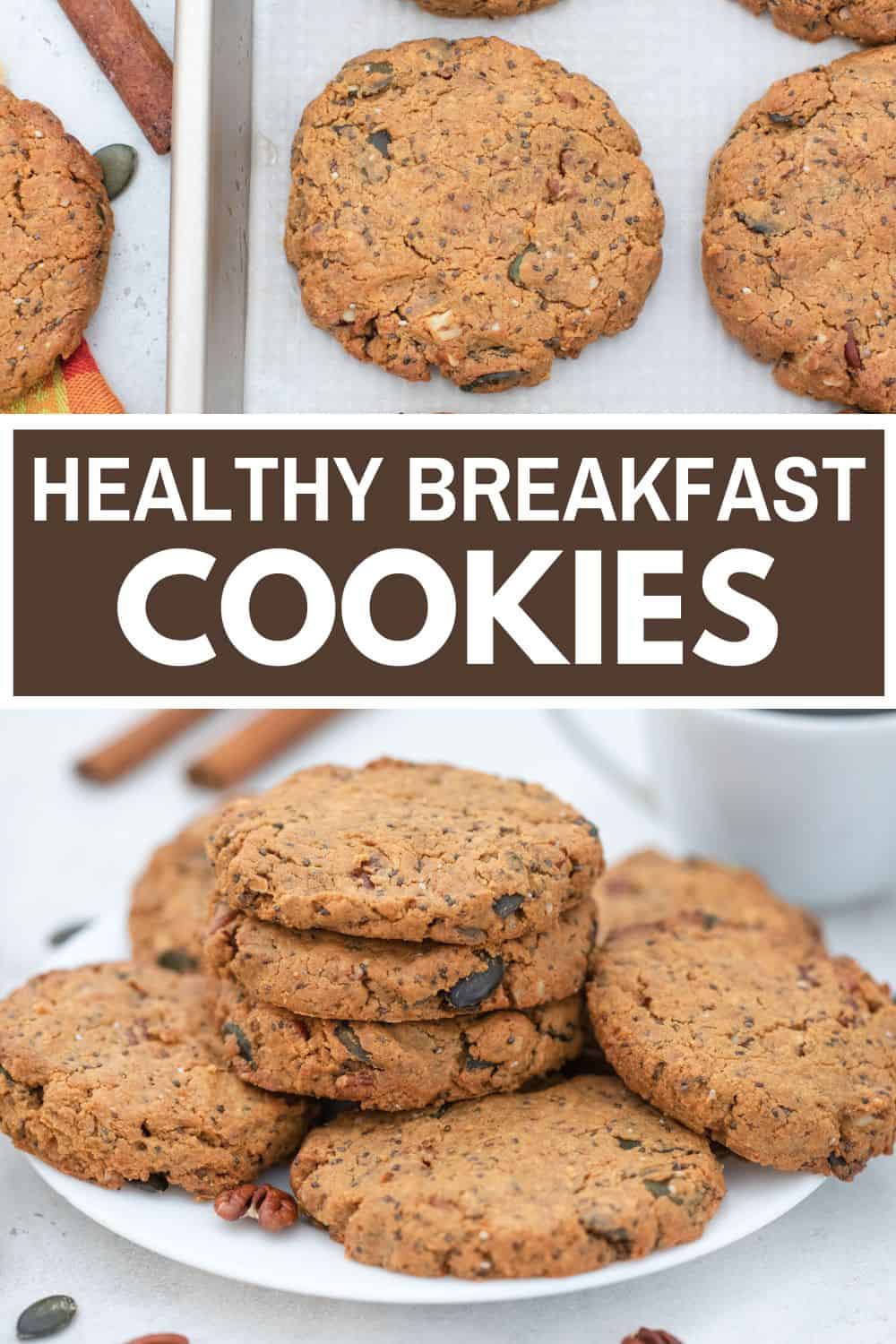 Healthy breakfast cookies with title text overlay.
