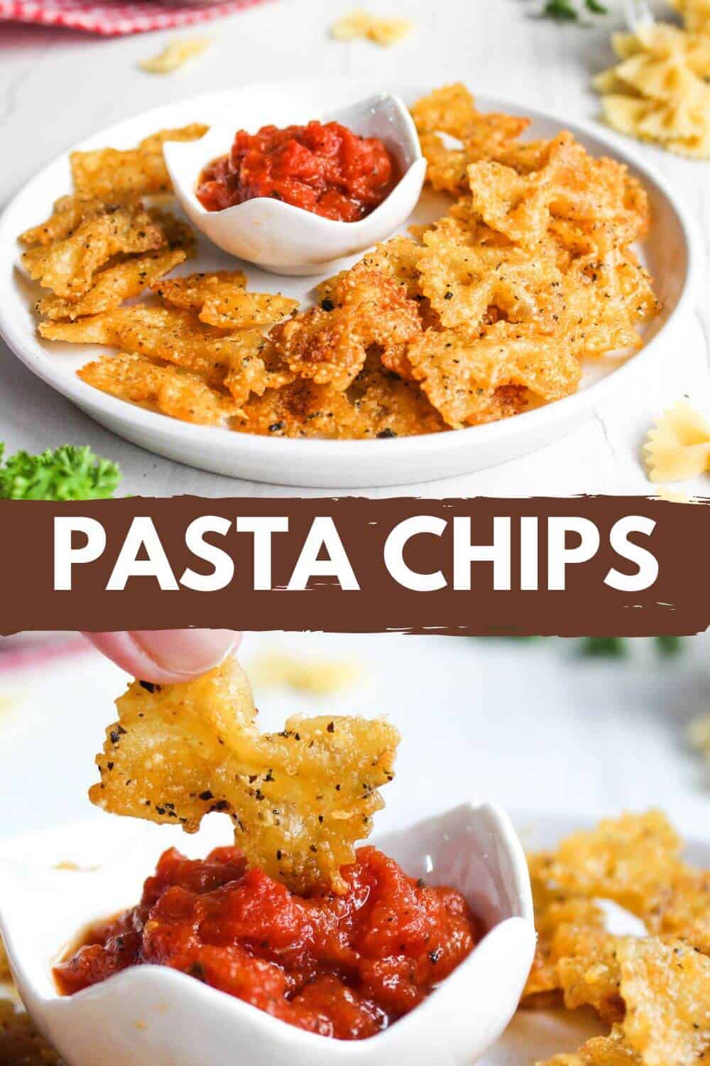 Air fryer pasta chips with title text overlay.