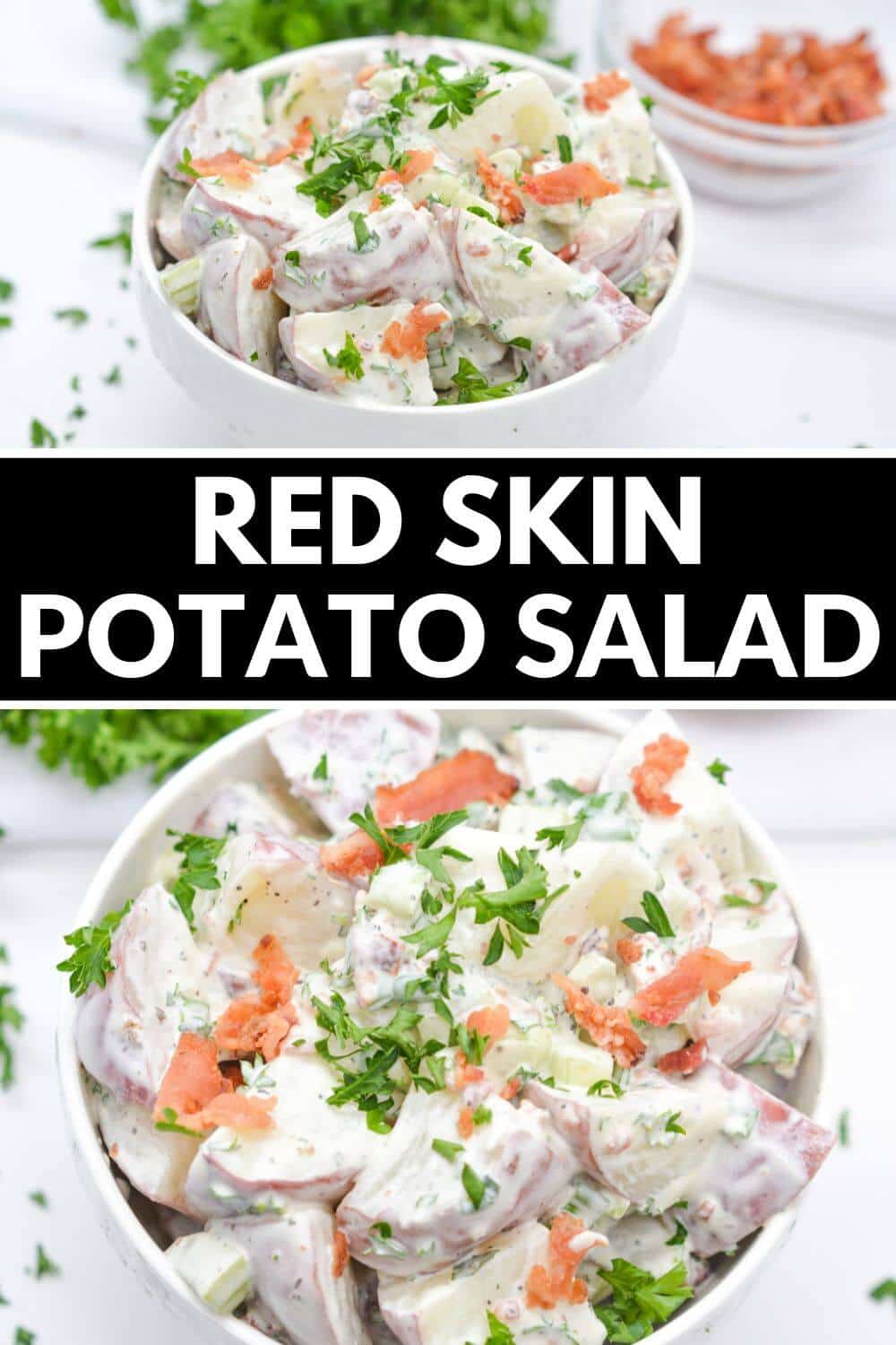 Red skin potato salad with recipe title text overlay.