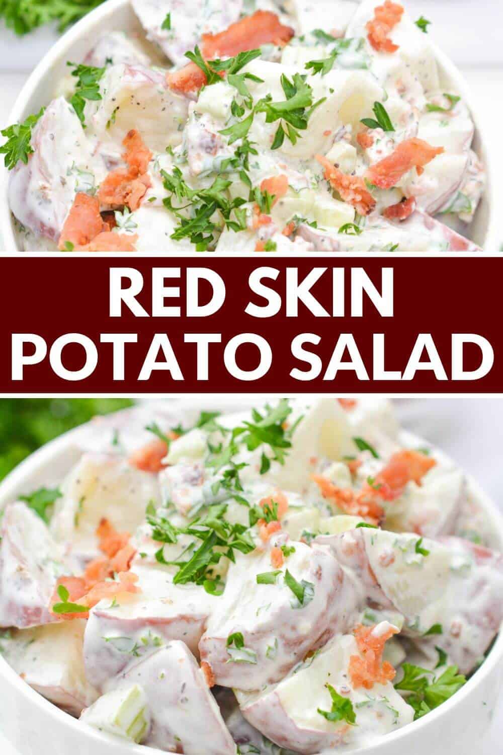 Red skin potato salad with recipe title text overlay.