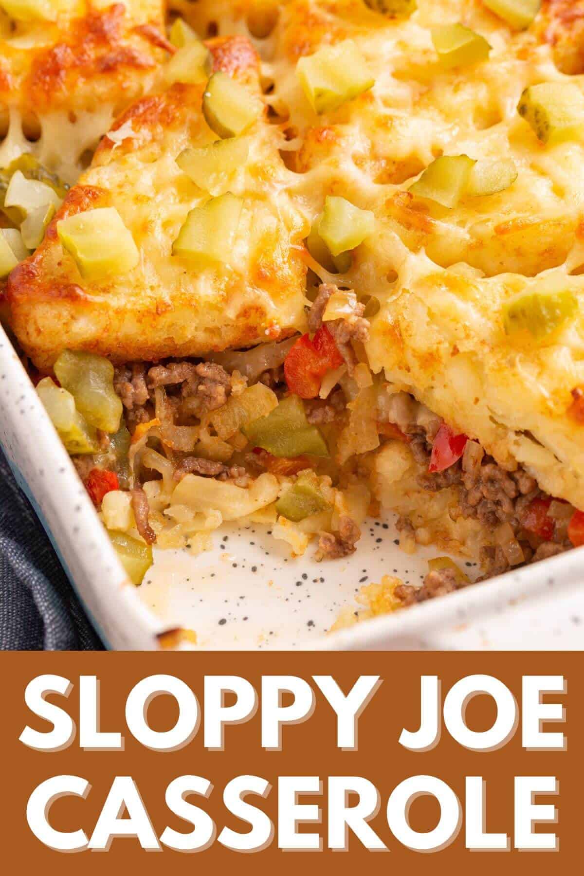 Sloppy joe casserole with recipe title text overlay.
