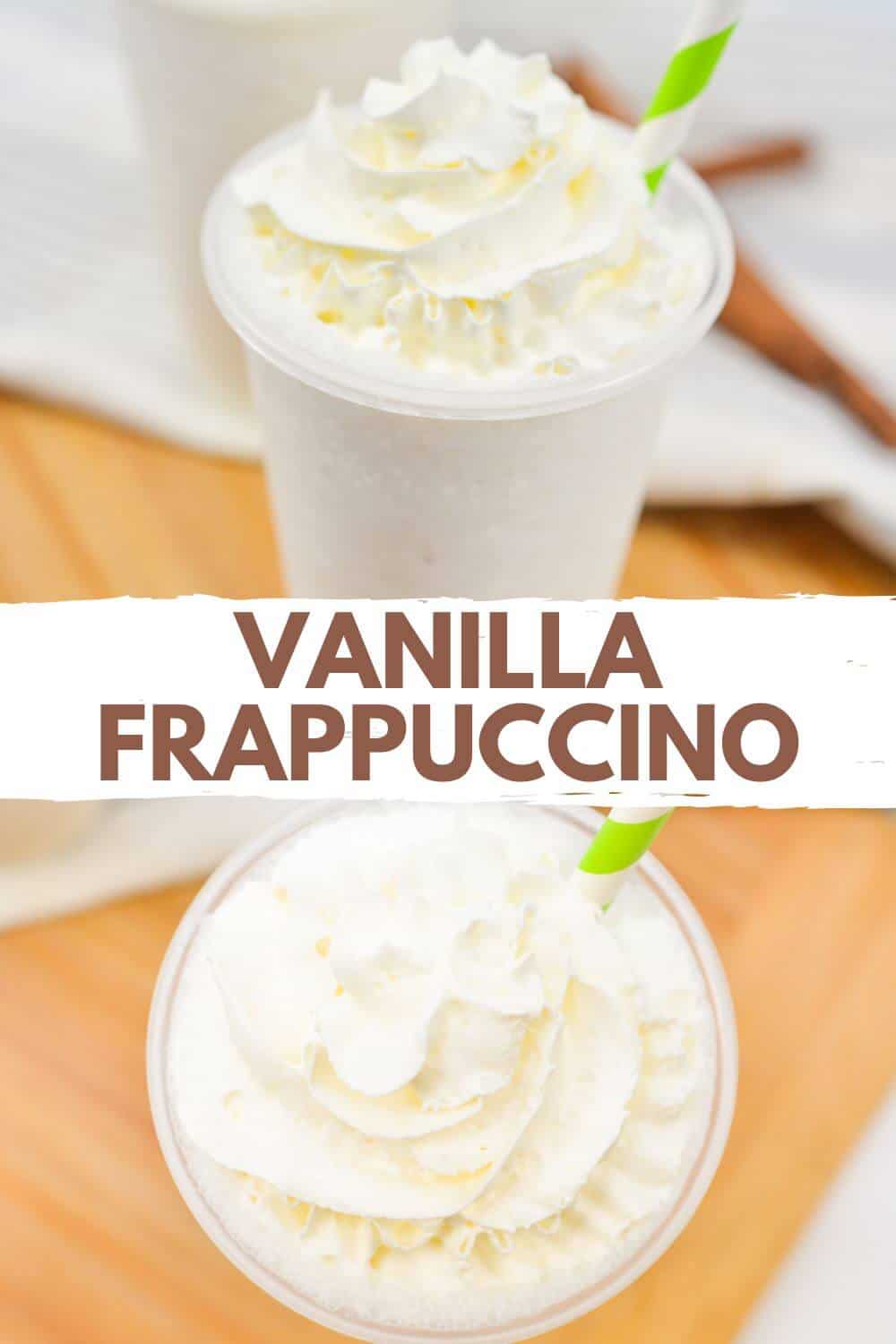 Vanilla bean frappuccino with recipe title text overlay.