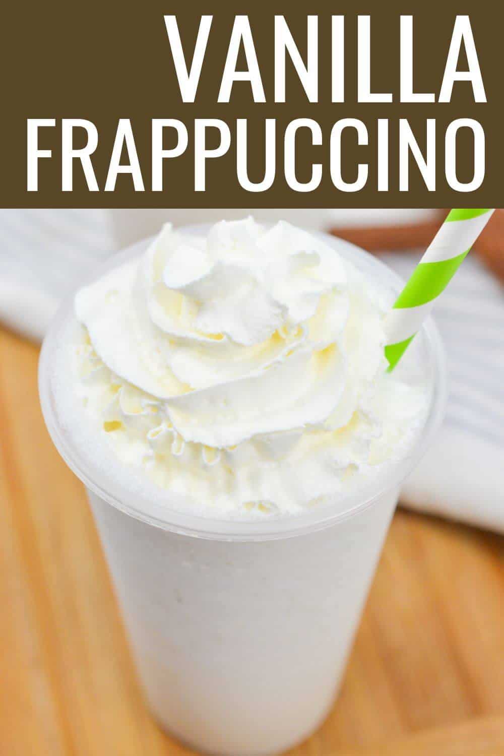 Vanilla bean frappuccino with recipe title text overlay.