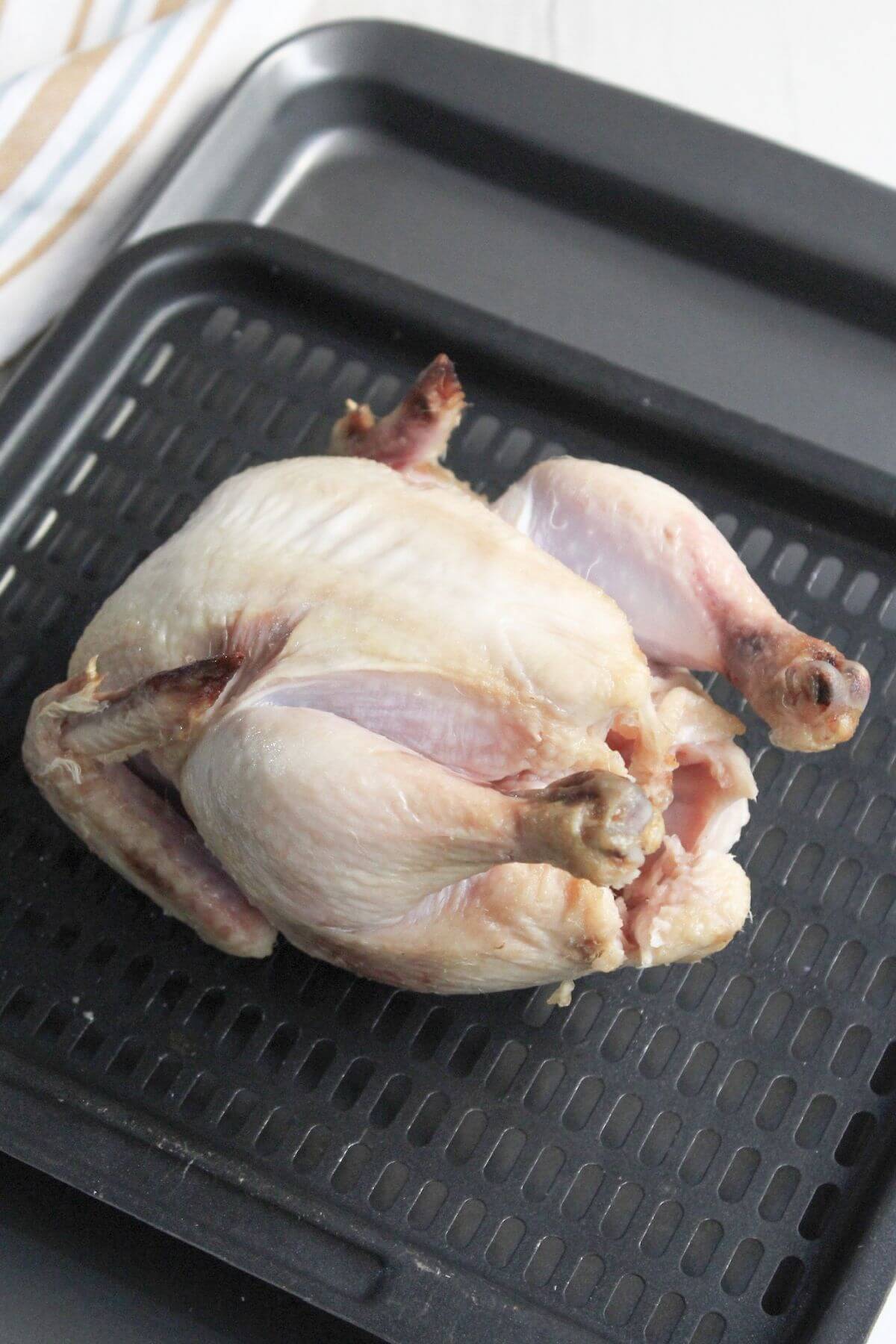 Thawed cornish hen on air fryer tray.