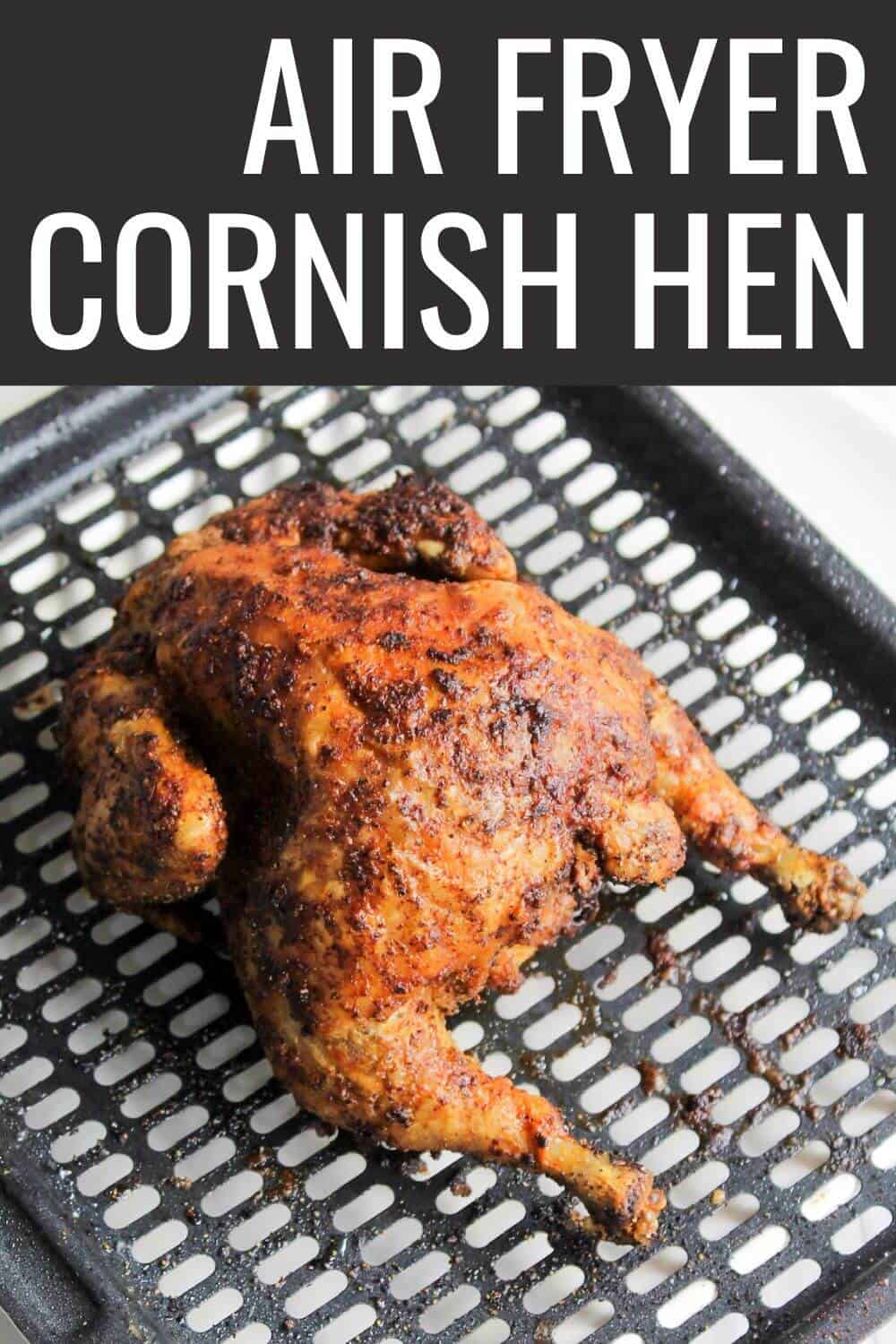 Air fryer cornish hen with recipe title text overlay.