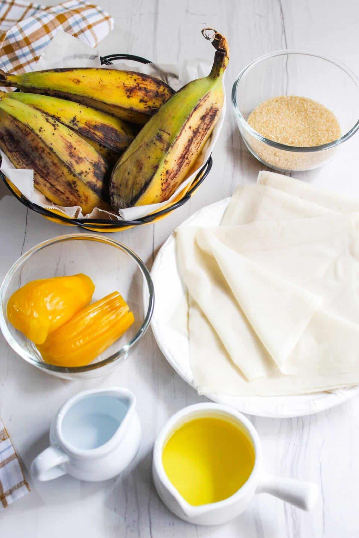 Ingredients for banana turon lumpia Filipino.