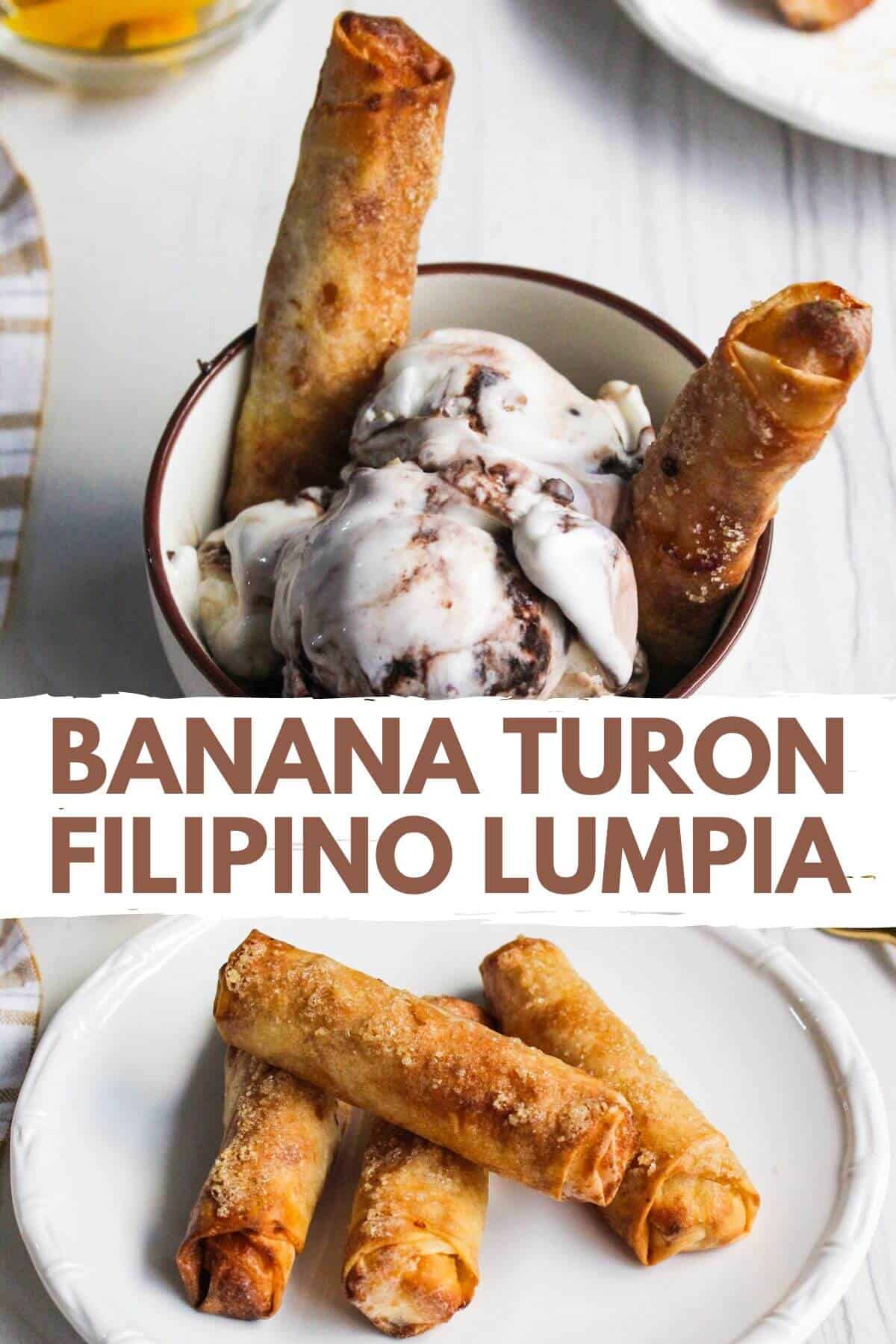 Banana turon filipino lumpia with ice cream and ice cream.