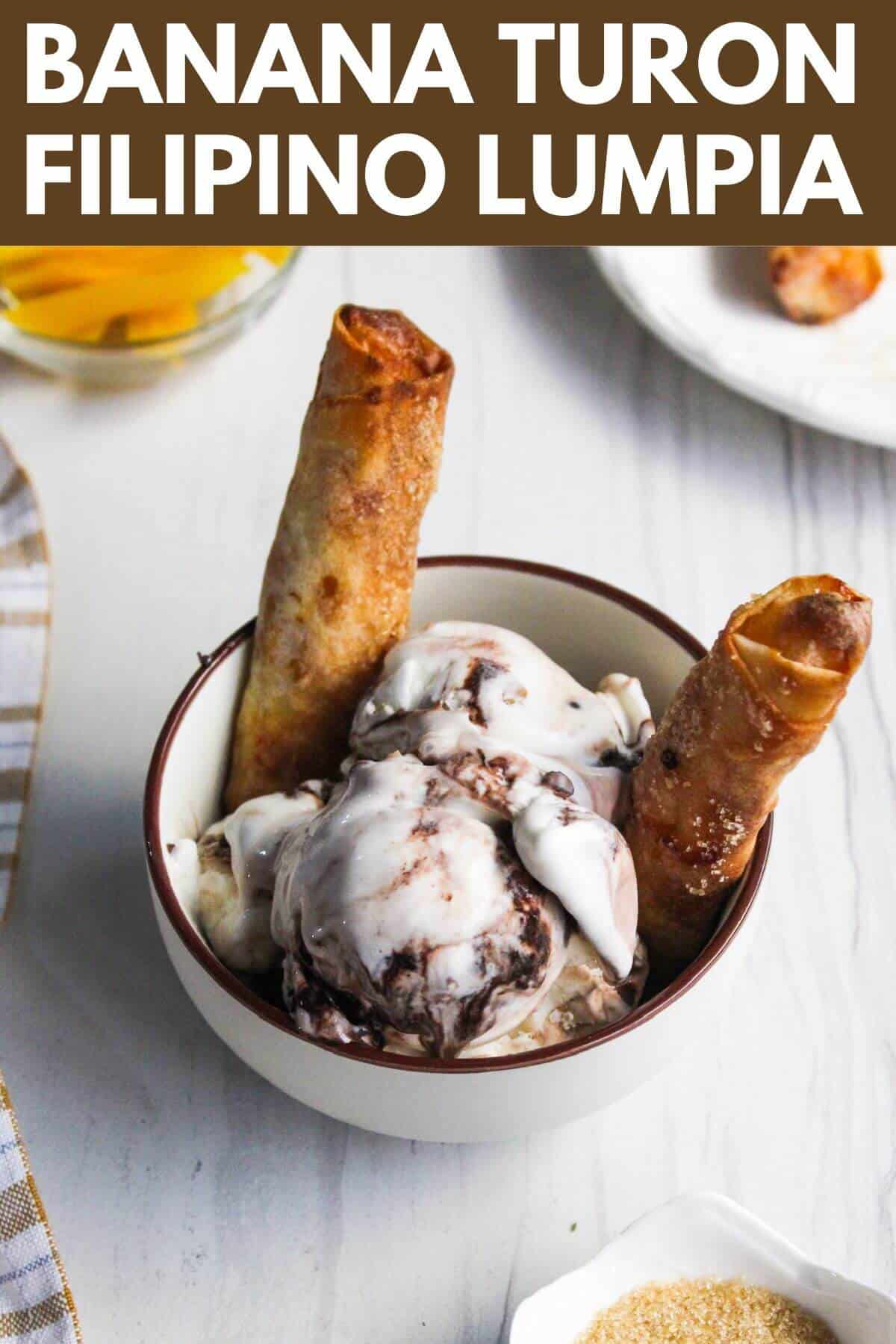 Philippine banana turon spring roll with ice cream.