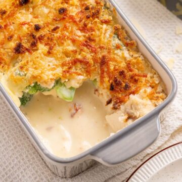 Chicken divan casserole with serving removed.