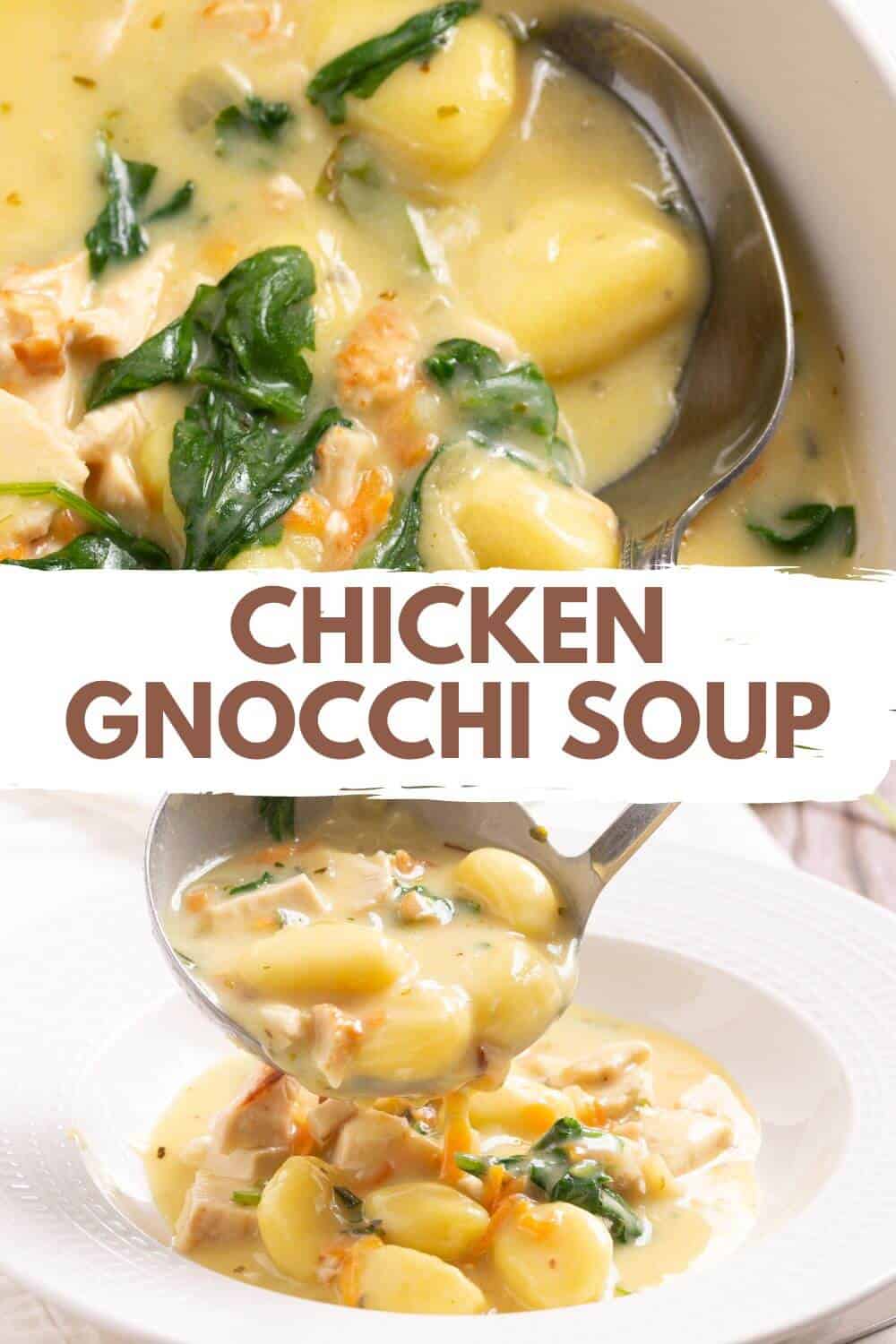 Chicken gnocchi soup recipe image with title text overlay.