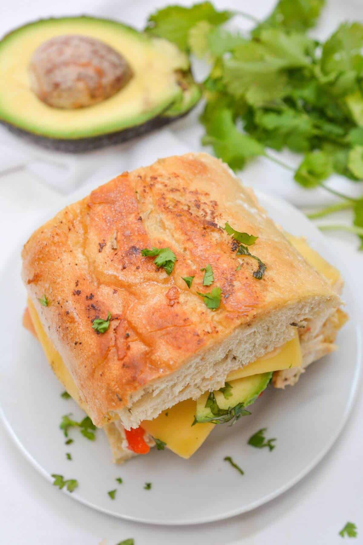 Angled overhead view of chipotle chicken avocado melt sandwich on serving plate.