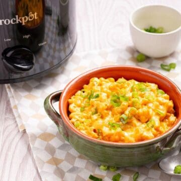 A bowl of mac and cheese in front of a slow cooker.