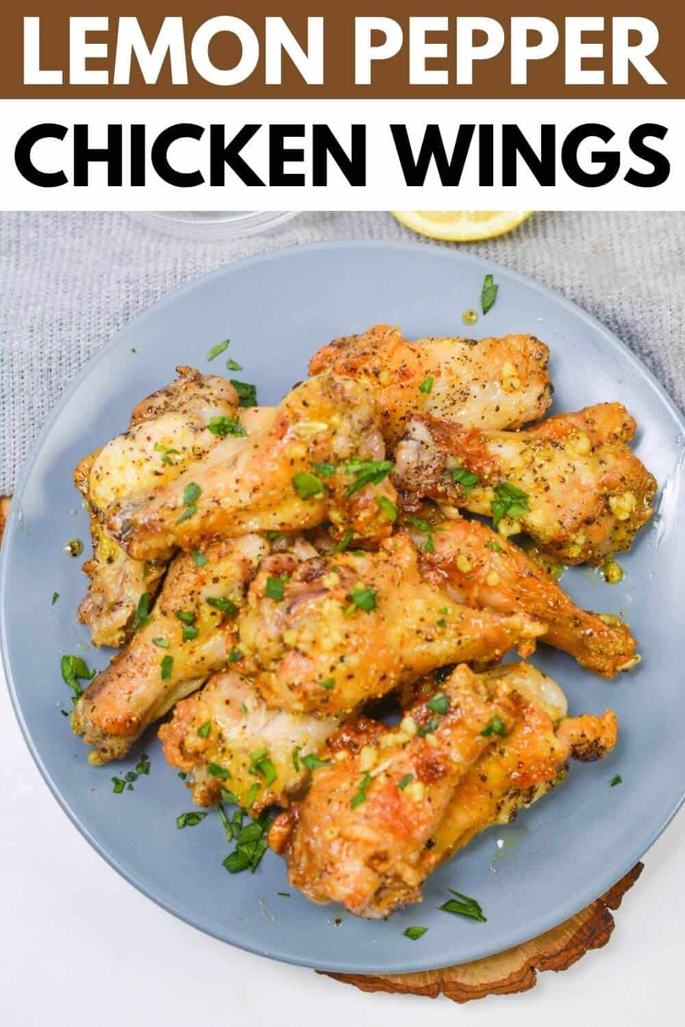 Lemon pepper wings with recipe title text overlay.